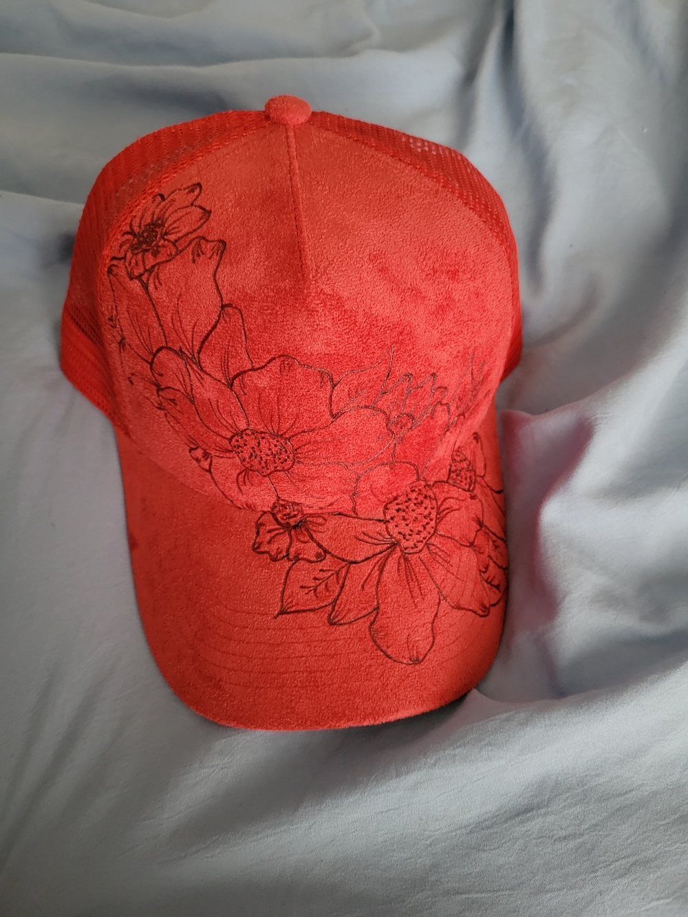 Women’s Red Floral Hand Burned Baseball Cap
